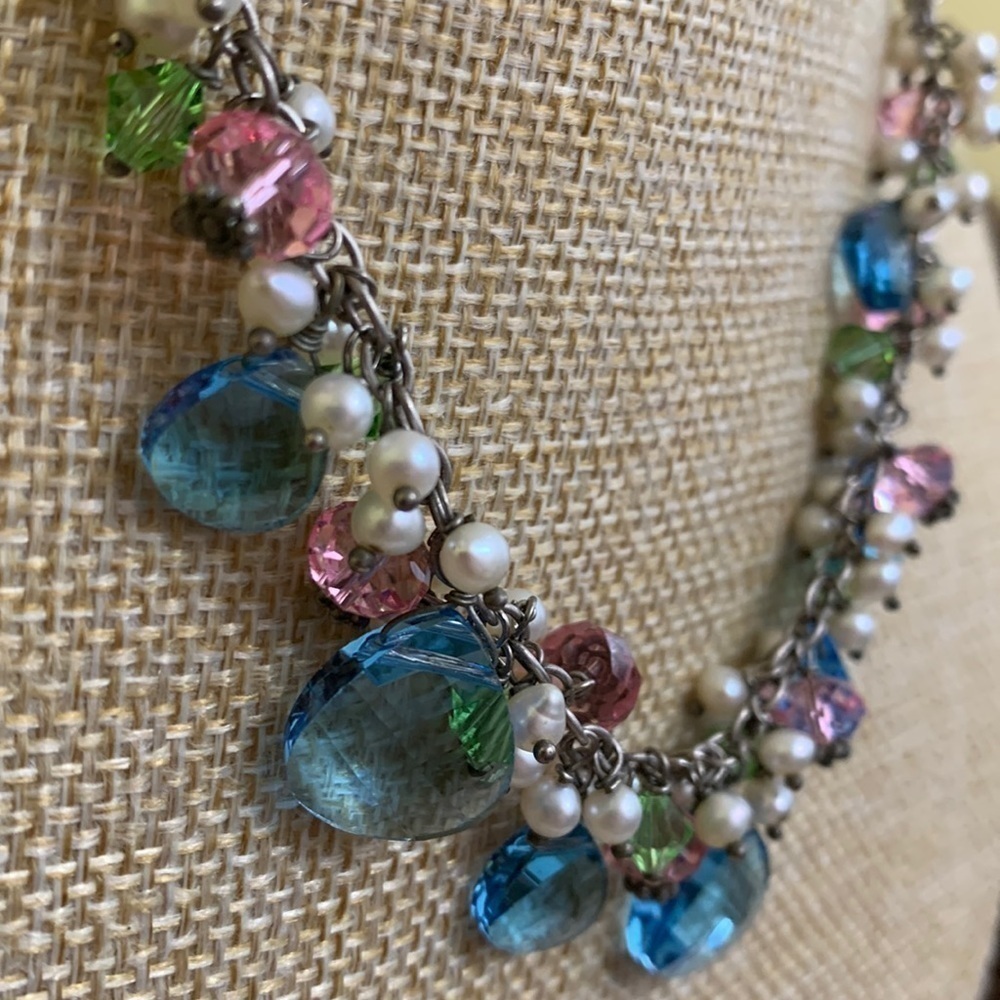 Silver Swarovski Faceted Crystal Faux Pearl Beaded 925 Statement Necklace - Picture 4 of 16